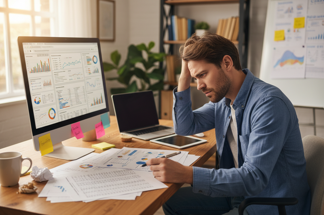 Small business owner looking confused and frustrated over spreadsheets