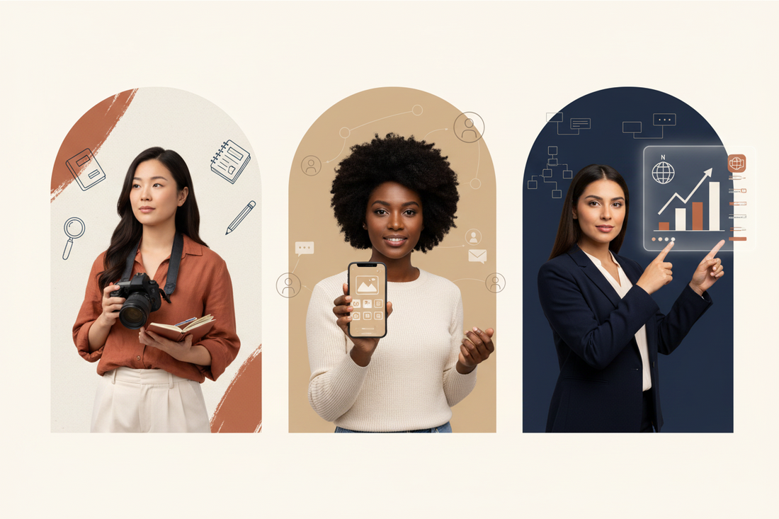 Three women representing different marketing roles: a content creator holding a camera and notebook, a social media marketer displaying a smartphone with social apps, and a digital marketing strategist pointing to a growth chart with analytics data.